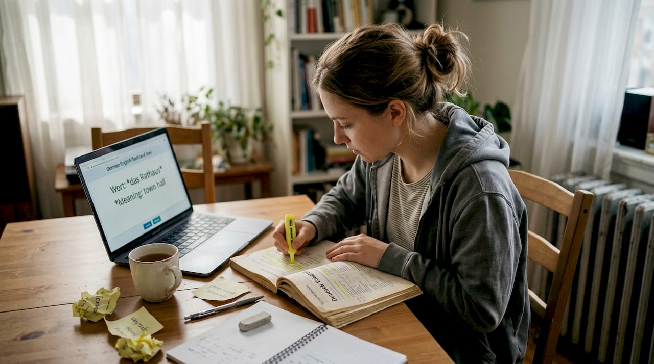 Student actively studying German vocabulary at desk
