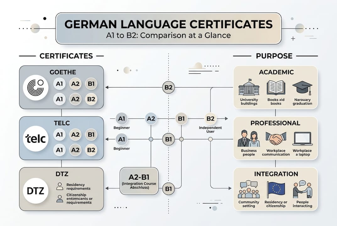 Infographic comparing German certificate types and purposes