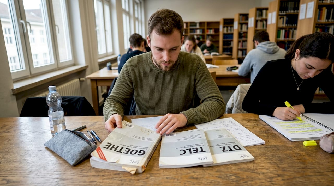 Person comparing GOETHE TELC DTZ exam booklets