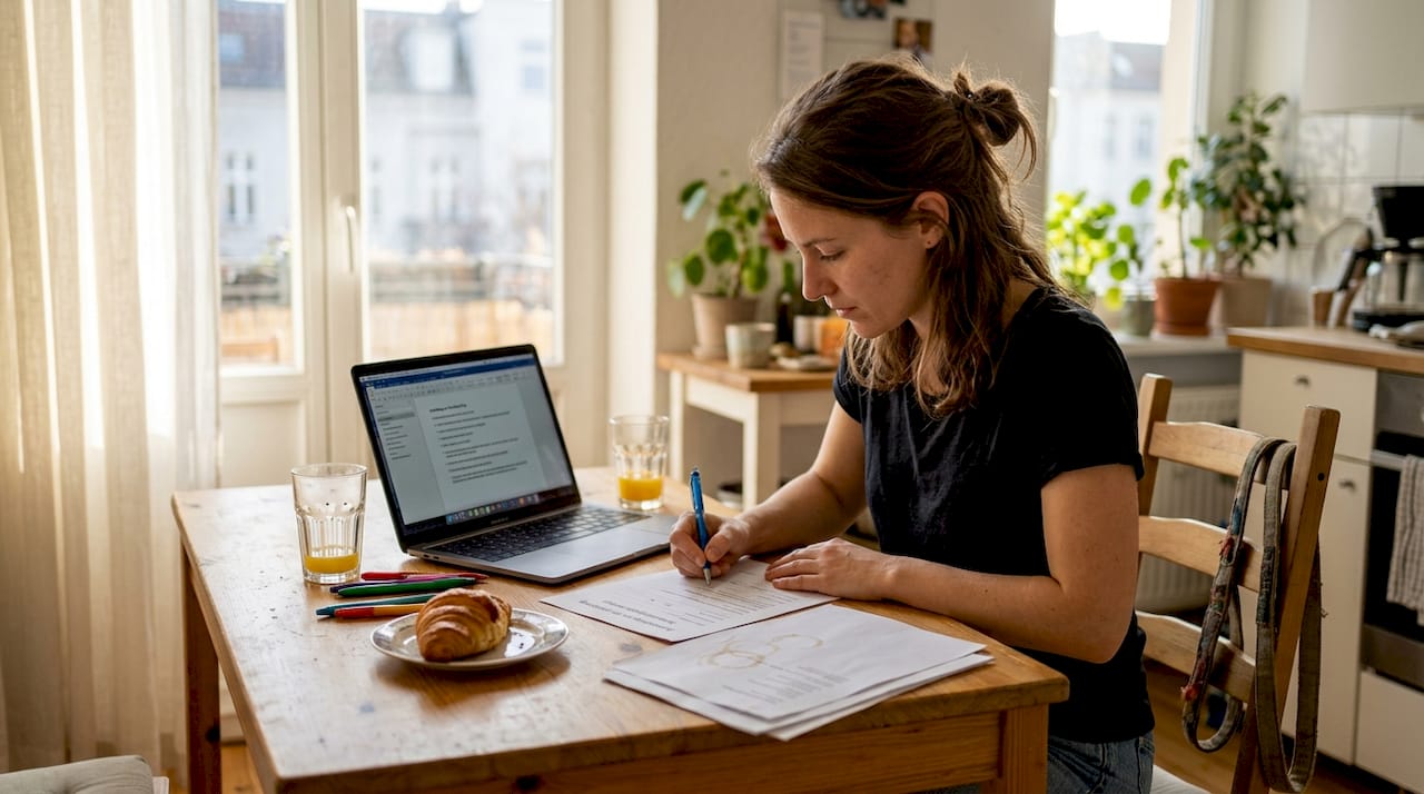 Woman filling out language certificate form at cluttered kitchen table