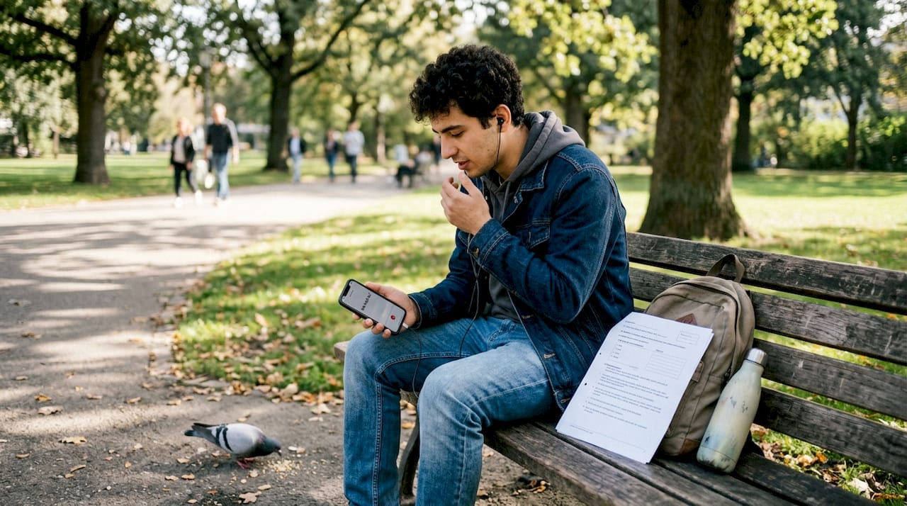 Student records German speaking practice outdoors