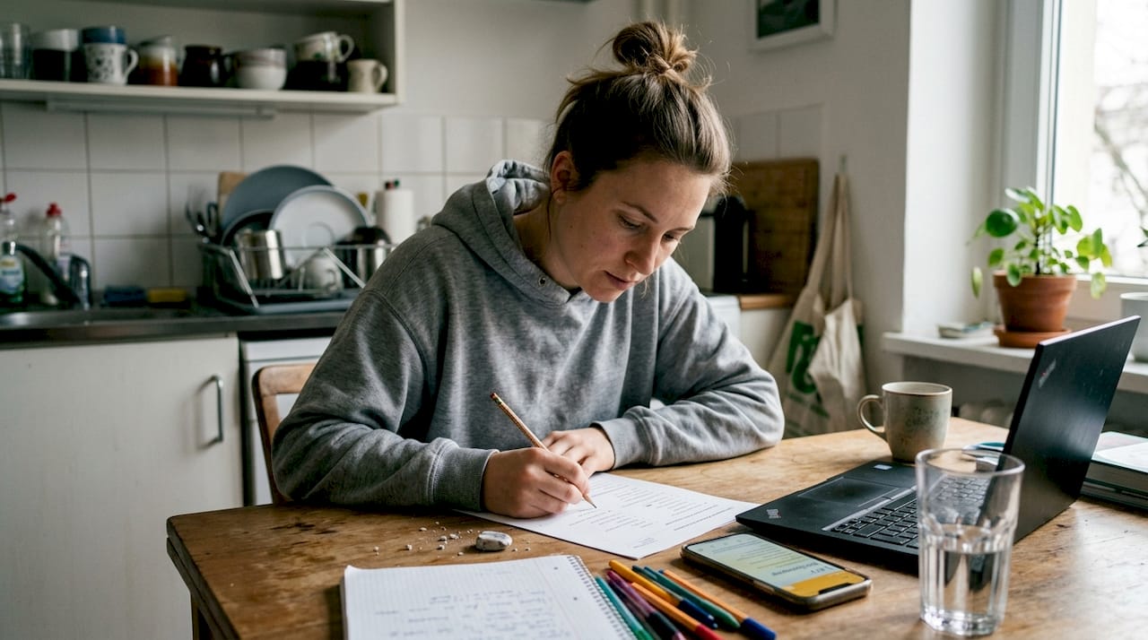 Woman studying German exam questions at table