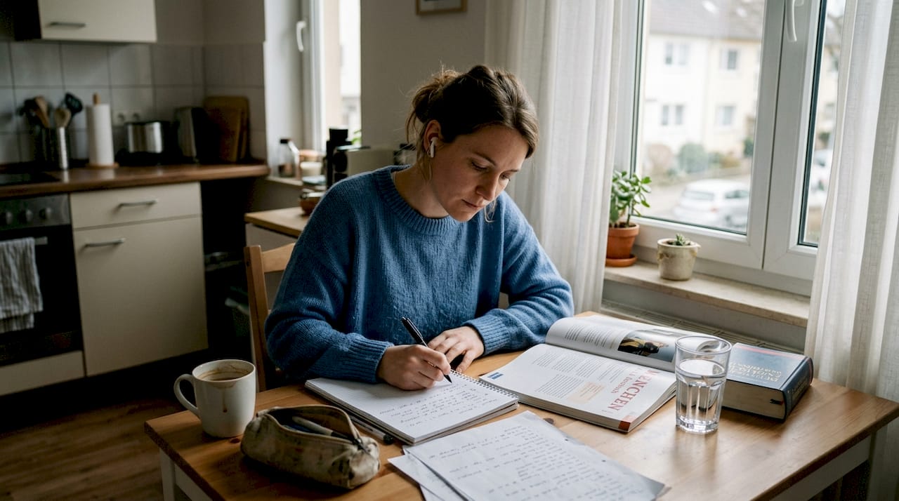 Woman studying DTZ exam with notes at kitchen table