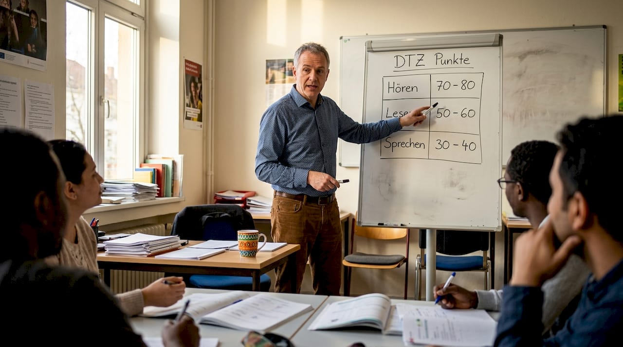 Teacher explains DTZ exam scoring on whiteboard
