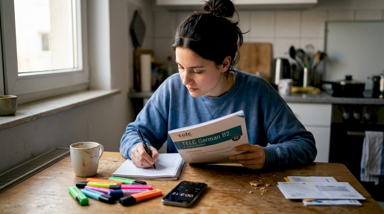 Woman studying TELC German at kitchen table