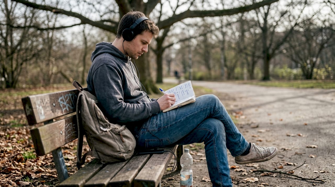 Man practicing TELC listening on park bench