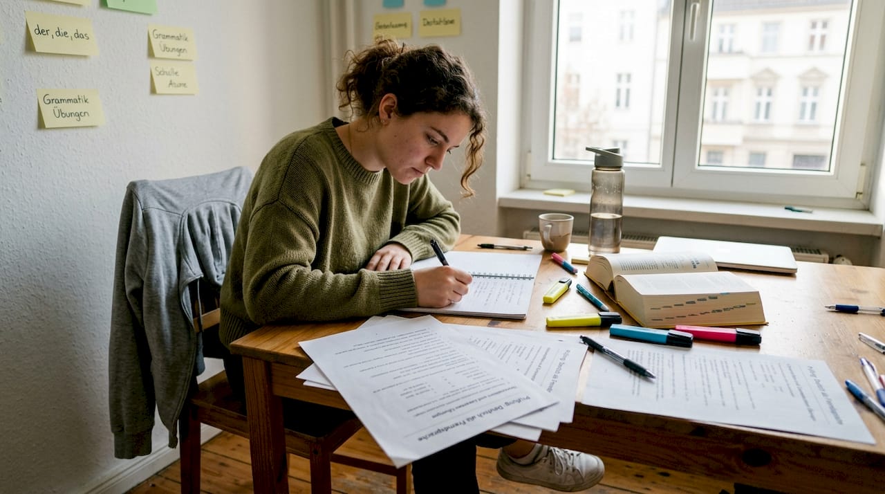 Student practicing German certificate exam at desk