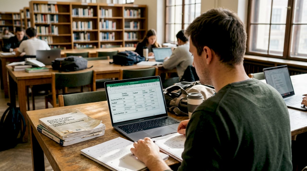 Graduate student reviewing German exam comparison