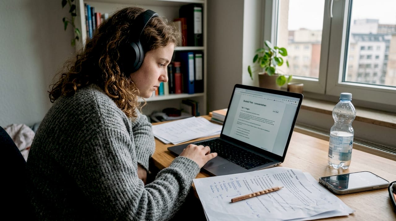 Student preparing for German exam at desk