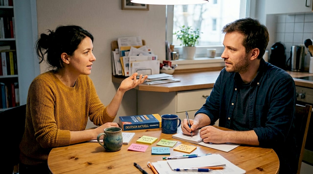 Language partners practicing German at kitchen table