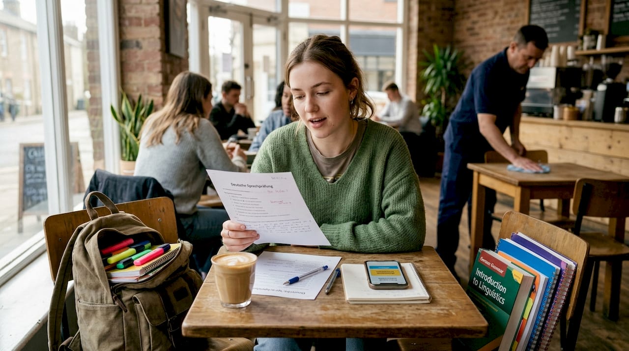 Student practicing German speaking in café