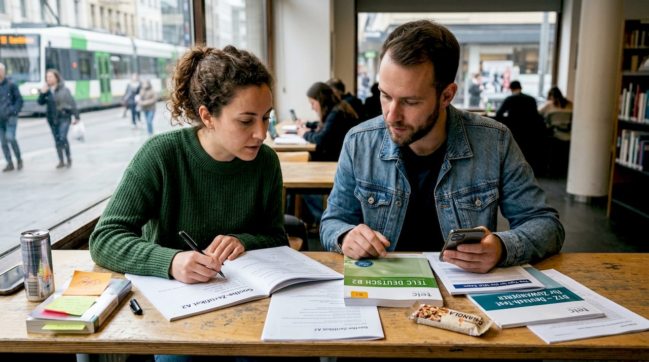 Two adults compare German exam guides in library