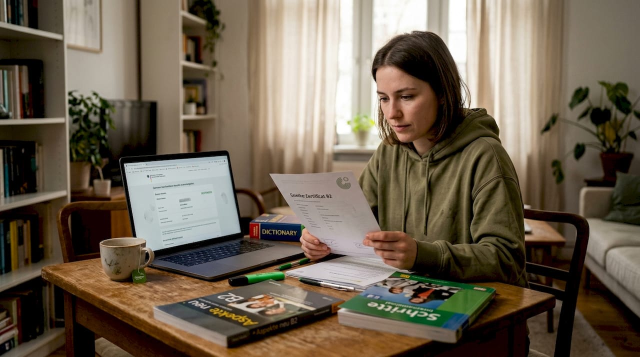 Young woman checks German exam certificate at home
