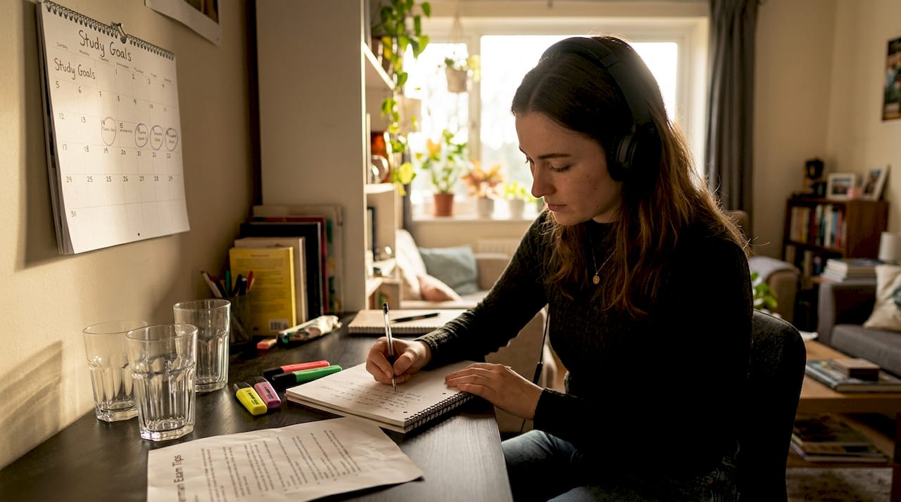Woman practicing German exam questions at her desk