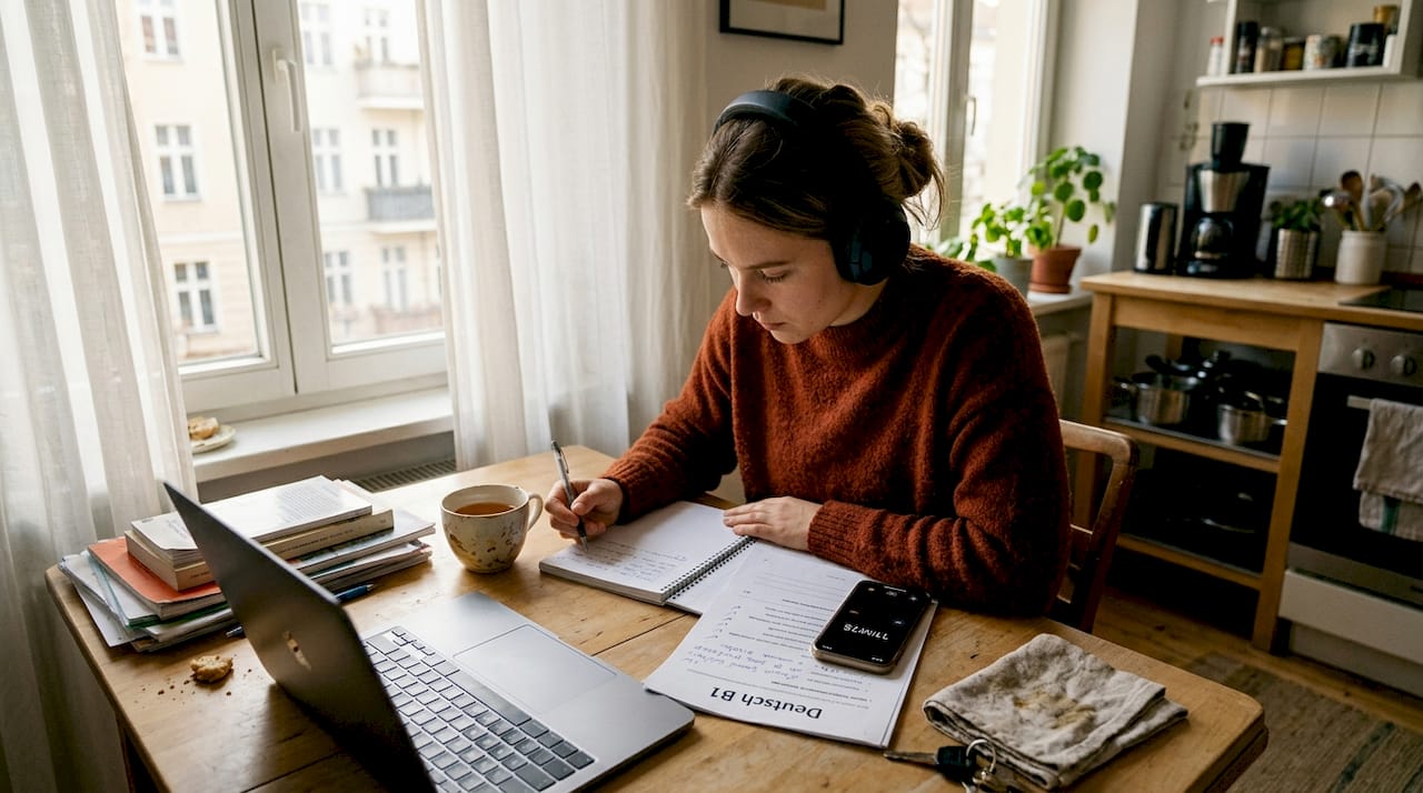 Student studying German at kitchen table