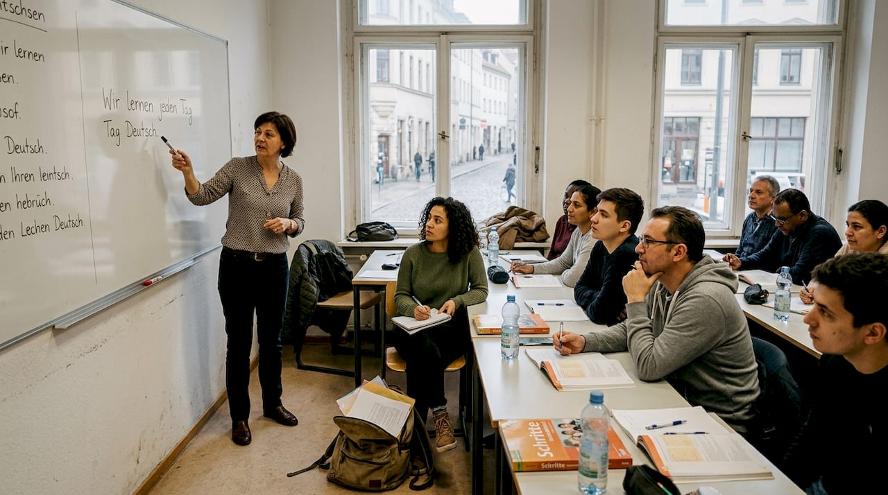 Adult students in German integration class
