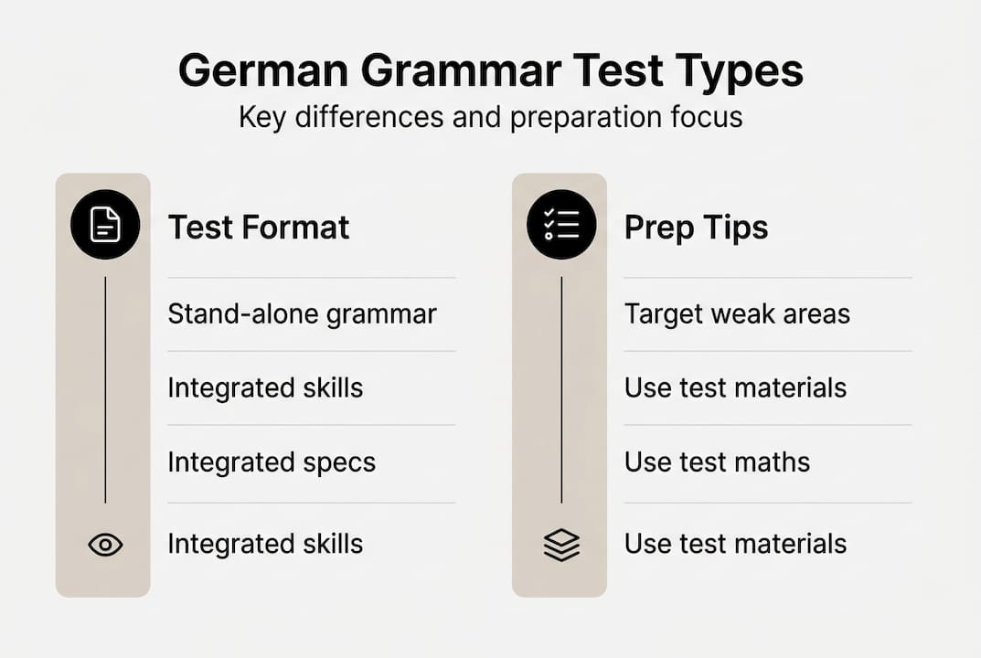 Infographic comparing German grammar test types