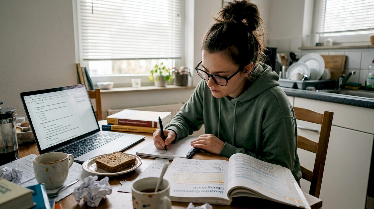 Student studies German grammar at kitchen table