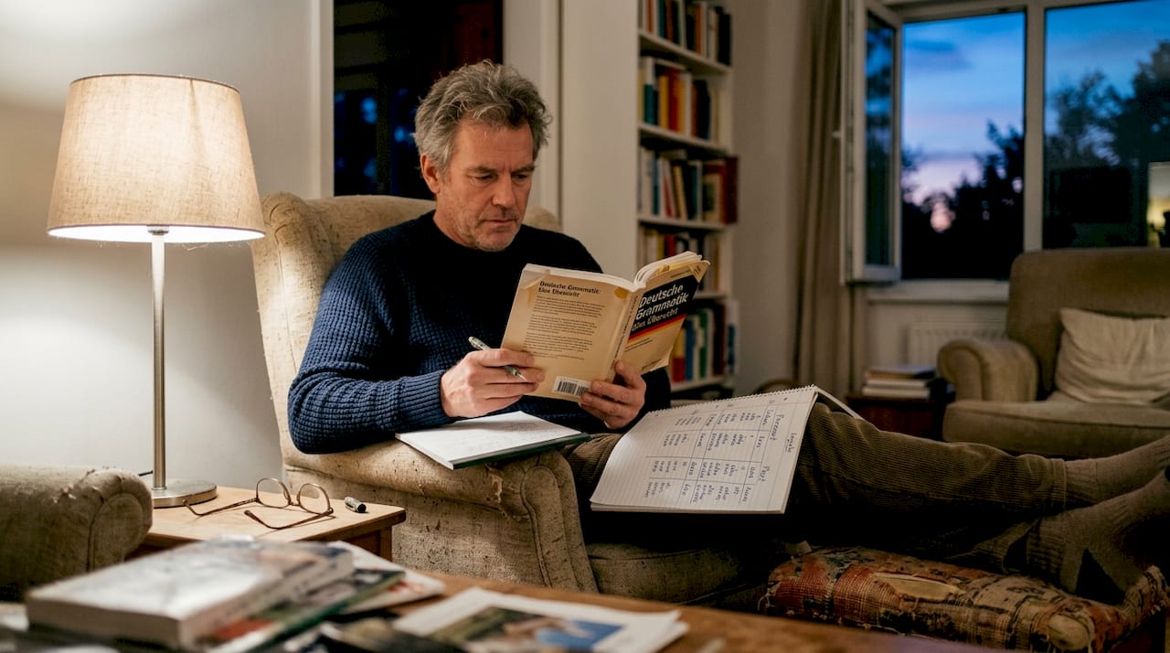 Man reviews German grammar guide in armchair