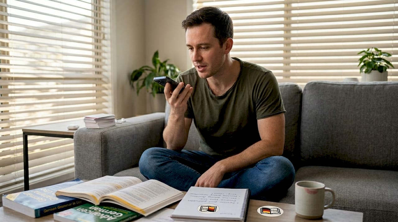 Man practicing German speaking in living room