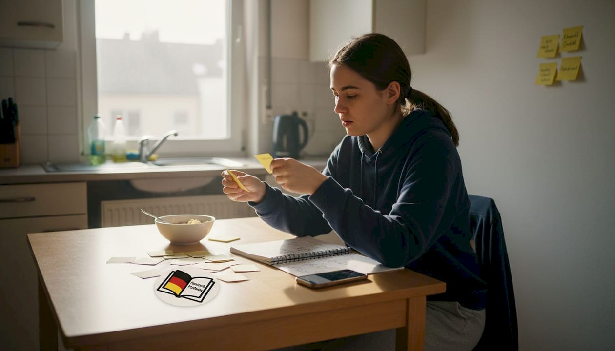 Young woman studying German with flashcards at kitchen table