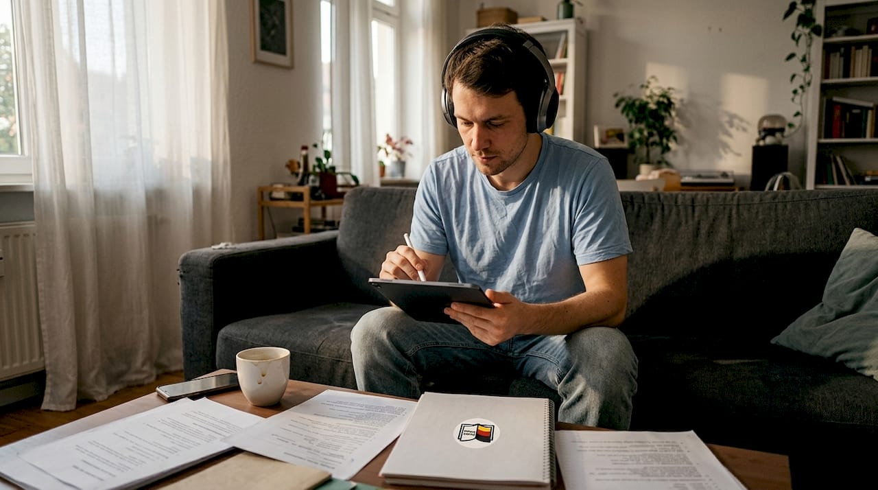 Man practicing Goethe exam task in living room