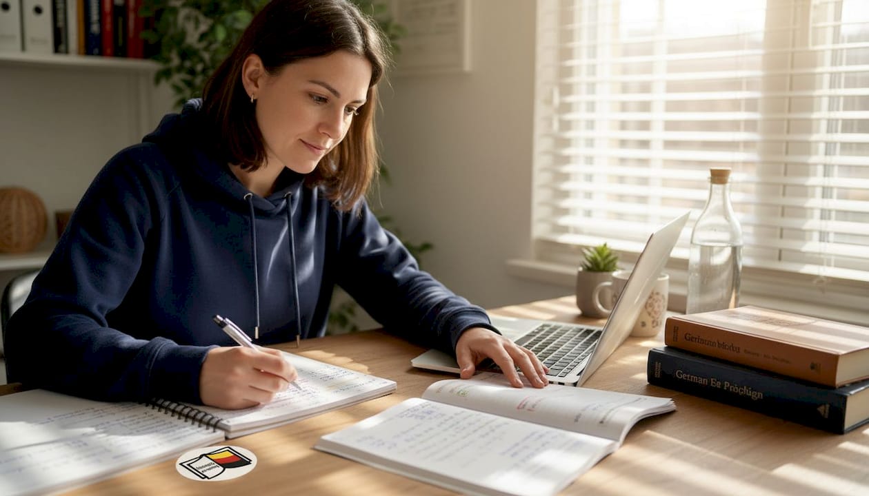 Woman studying Goethe exam materials at desk