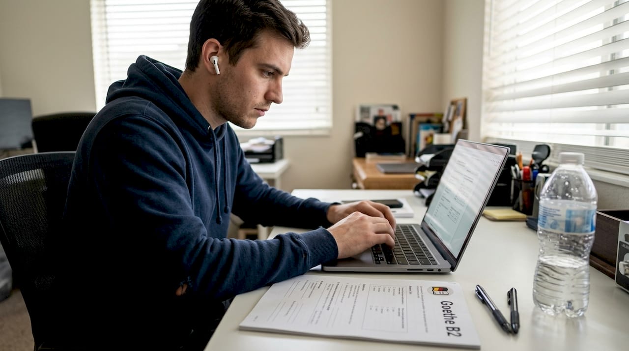 Man practicing German exam skills at desk
