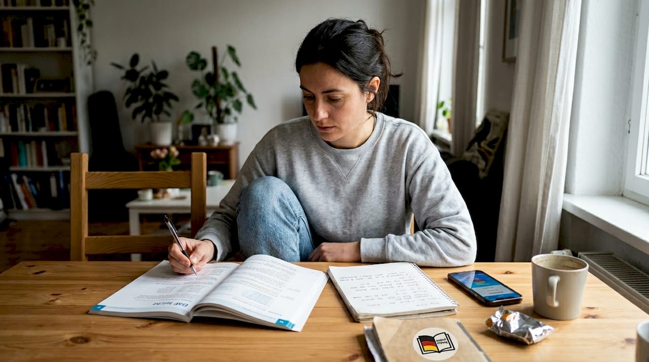 Student studying German with textbook at table
