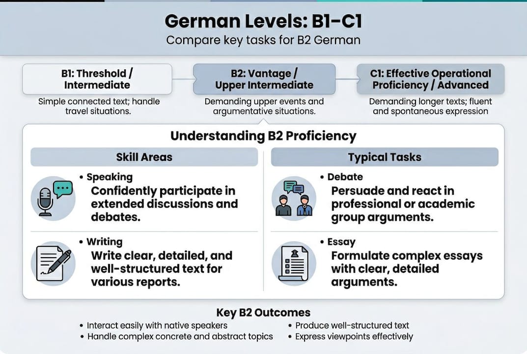 Infographic comparing German B1, B2, C1 skills