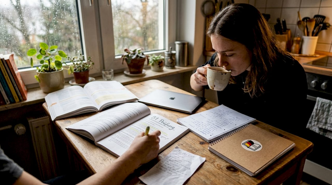 Student reviewing German exam materials at kitchen table