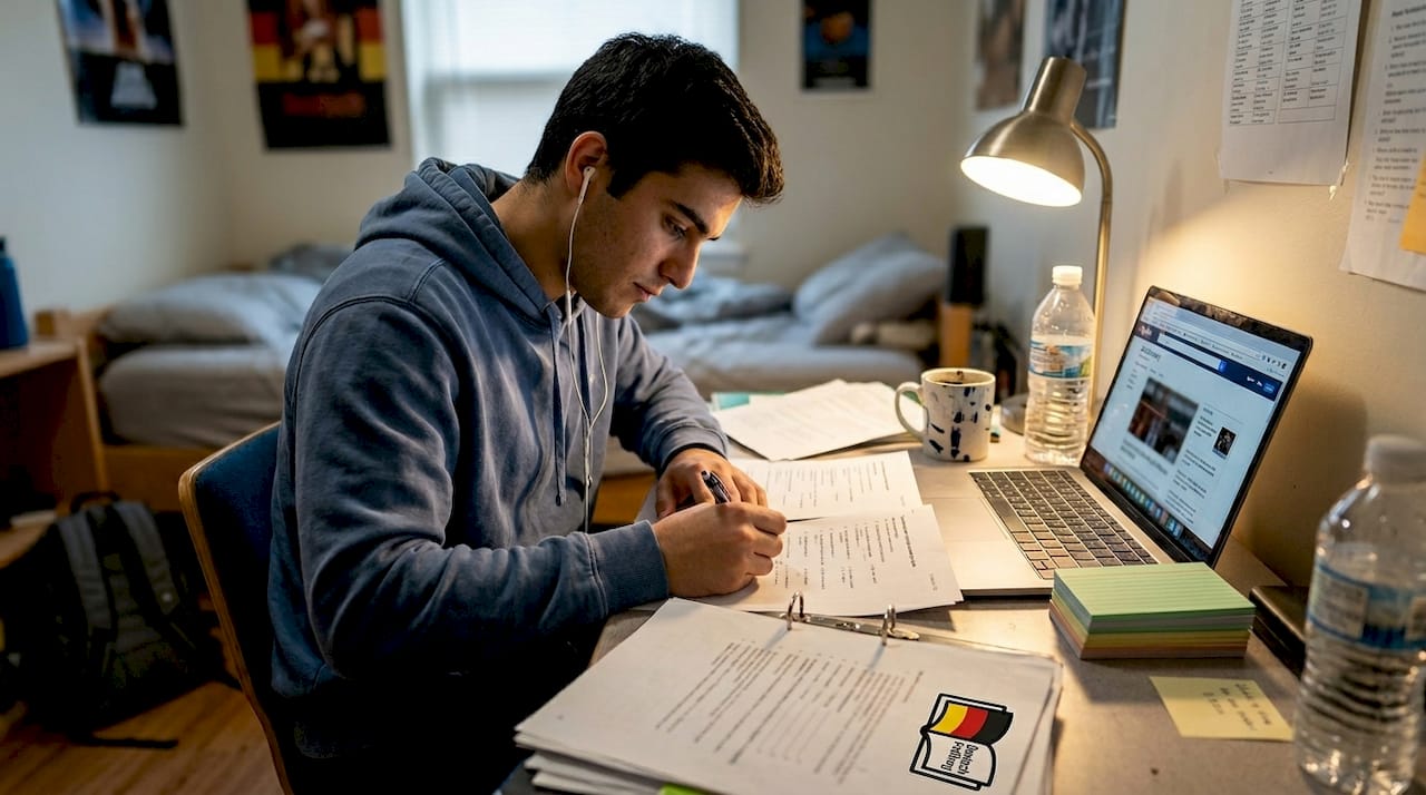 Student taking German exam practice at desk