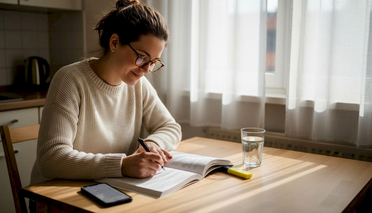 Woman studying German at kitchen table