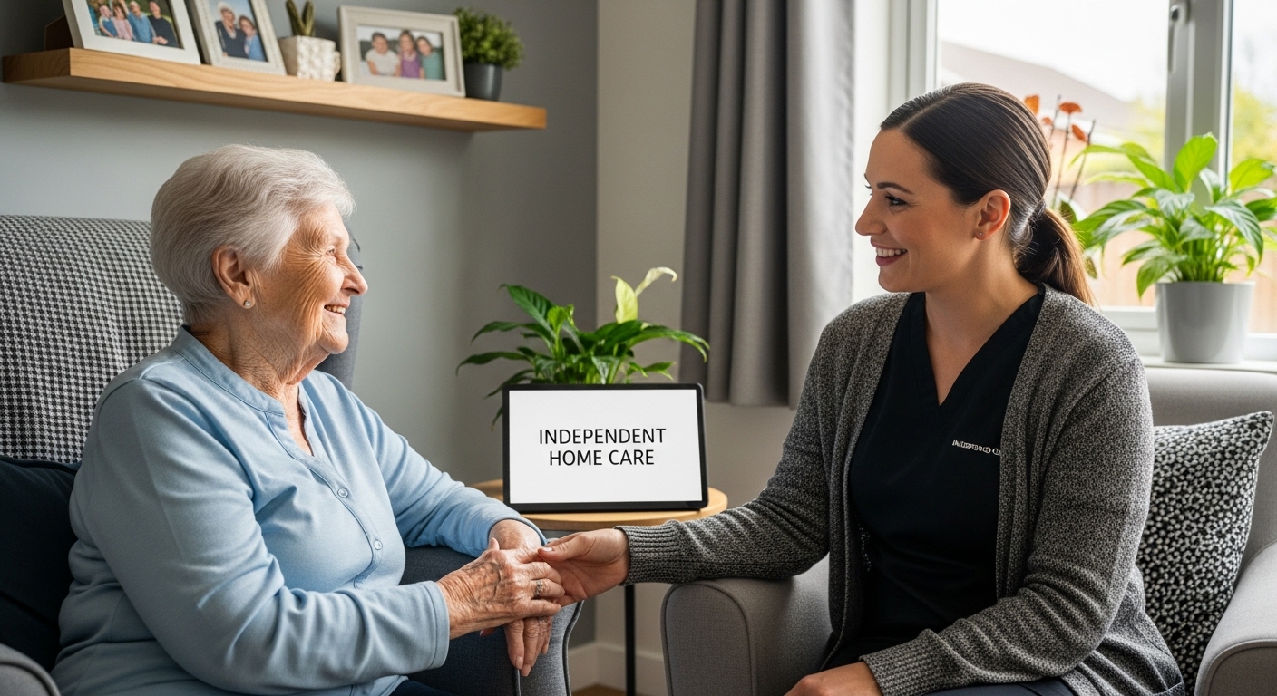 Elderly woman and caregiver smiling, holding hands in cozy living room. "Independent Home Care" sign visible. Warm, supportive atmosphere.