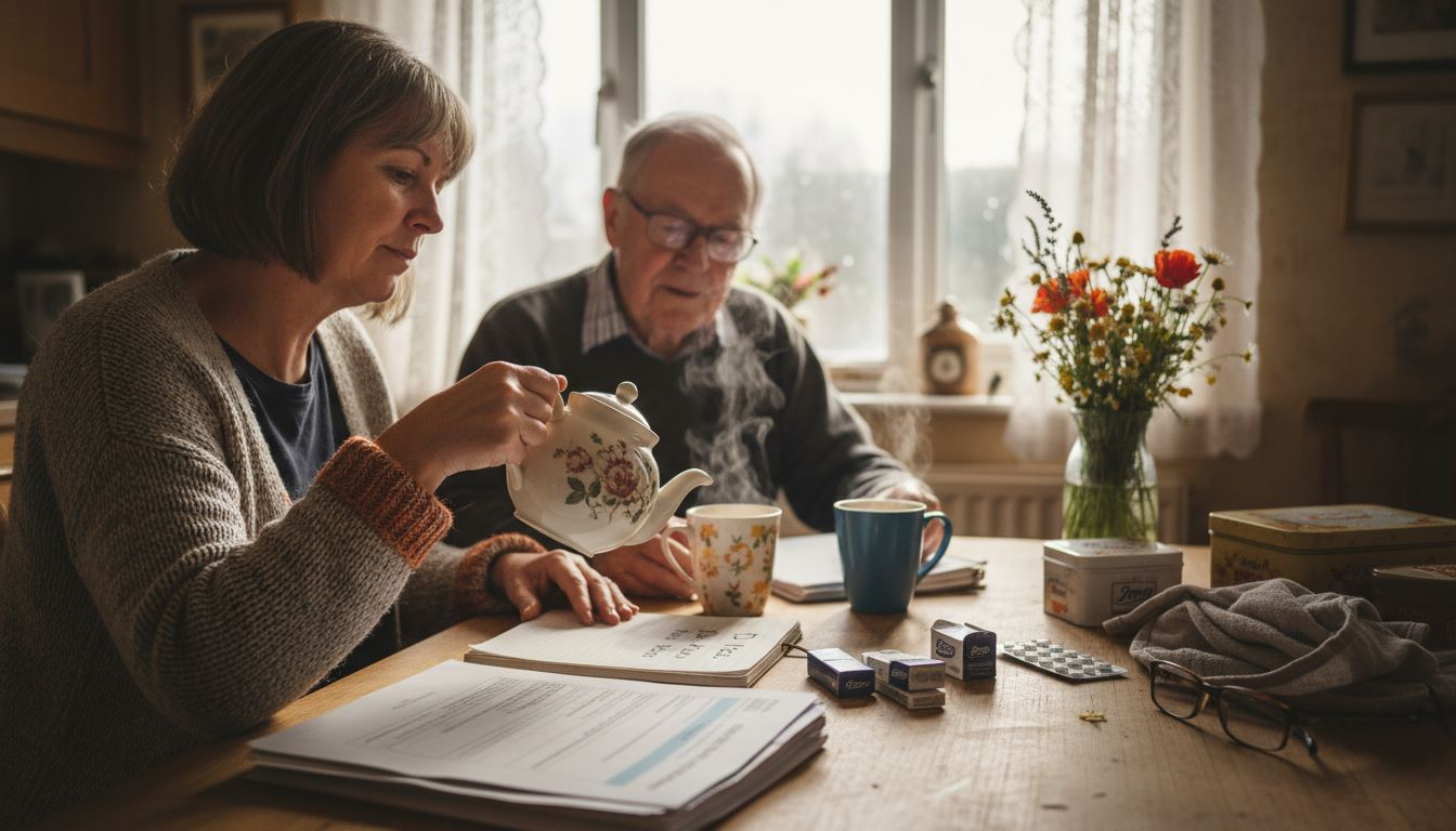 Family reviewing home care plans in kitchen
