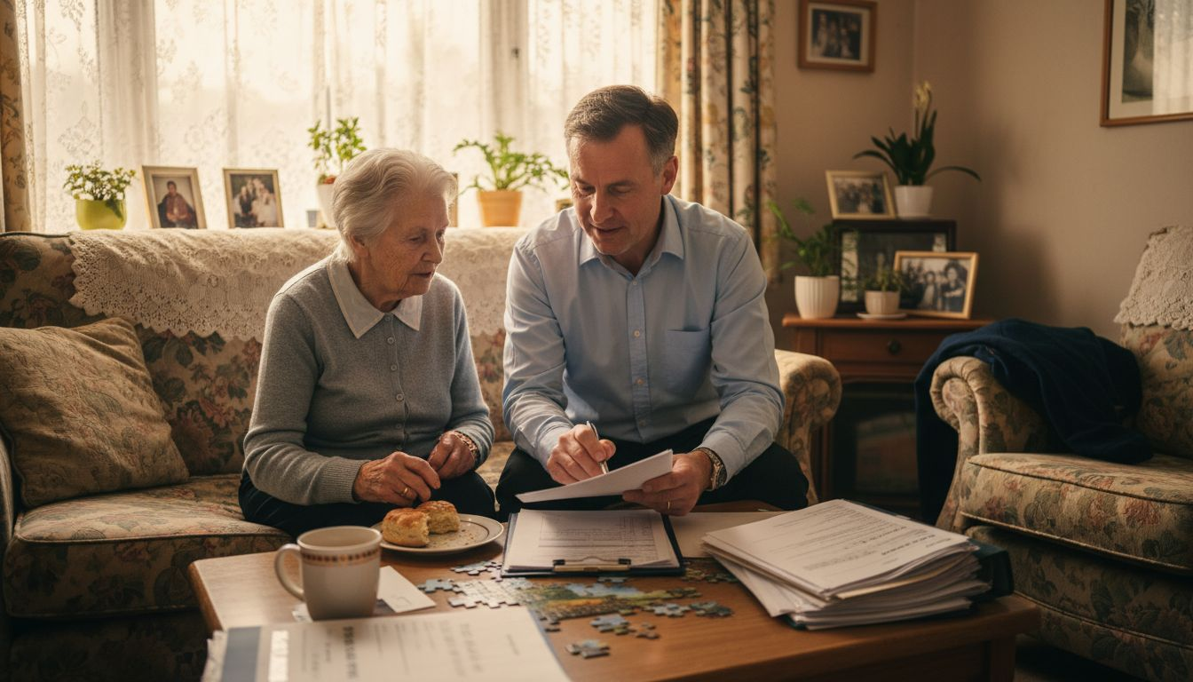 Inspector reviewing paperwork with resident
