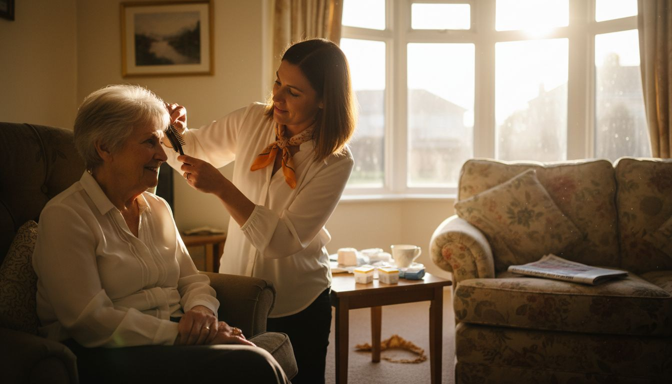 Support worker helping senior in home setting