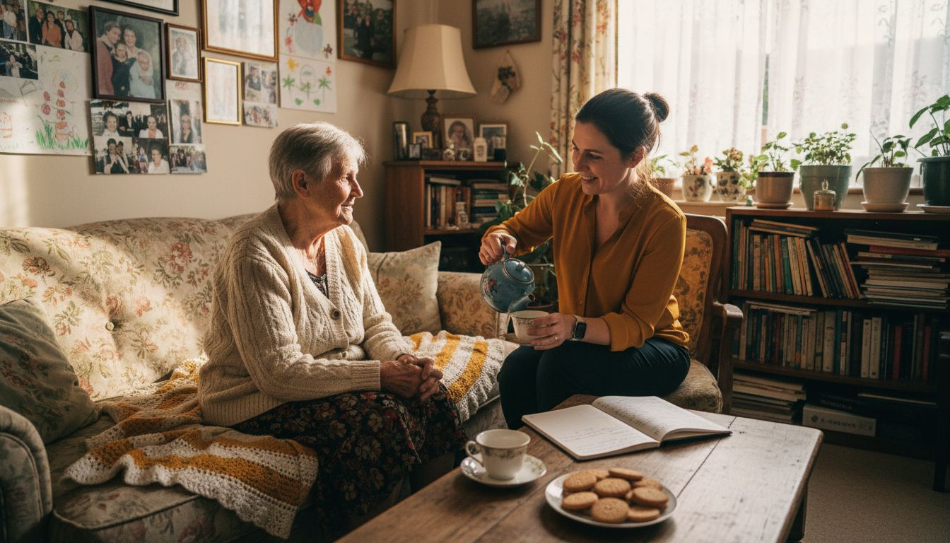 Elderly woman and carer sharing tea at home