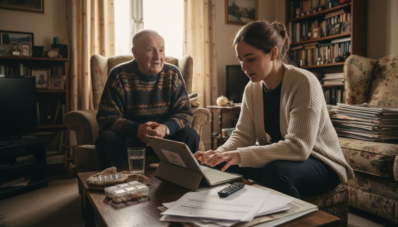 Family discussing care needs in living room
