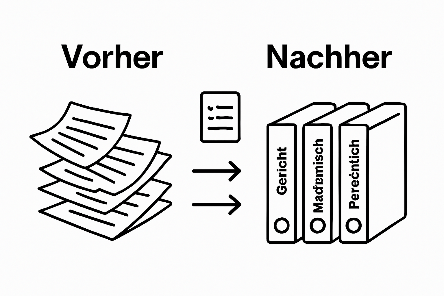 Vorher-Nachher-Darstellung von Dokumentensammlung, von unsortierten zu geordneten Akten