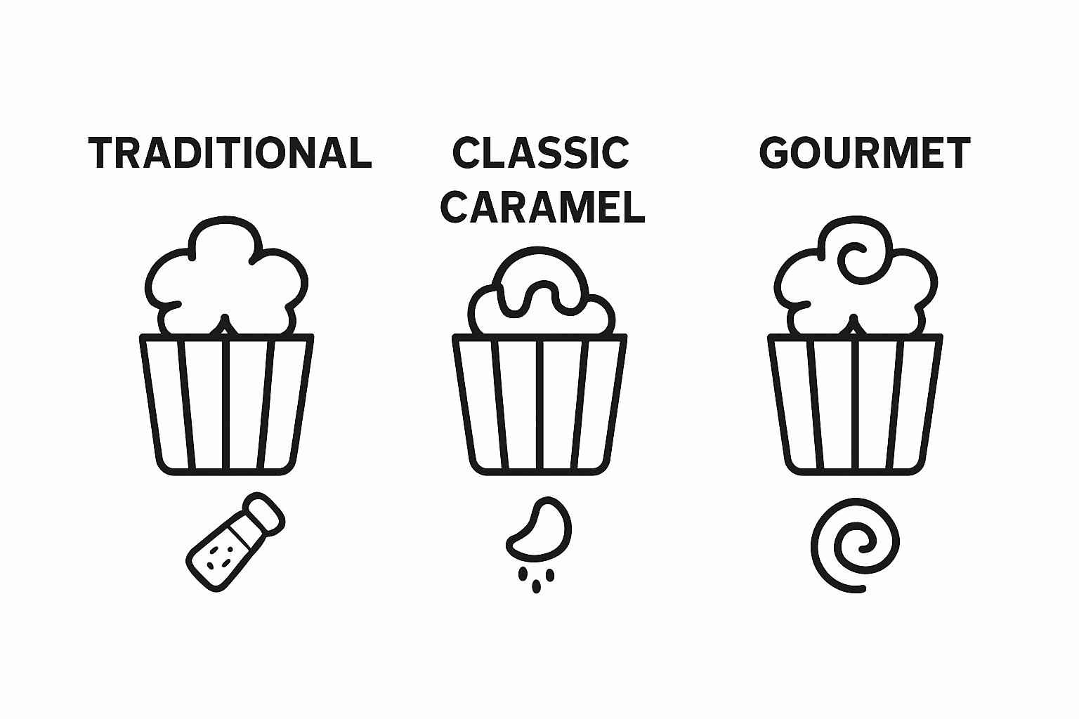 Visual comparison of traditional, caramel, and gourmet popcorn types