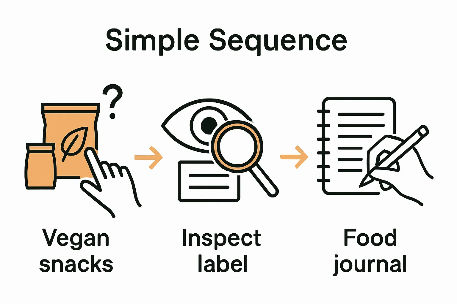 Visual sequence shows choosing, reading snacks, then recording results