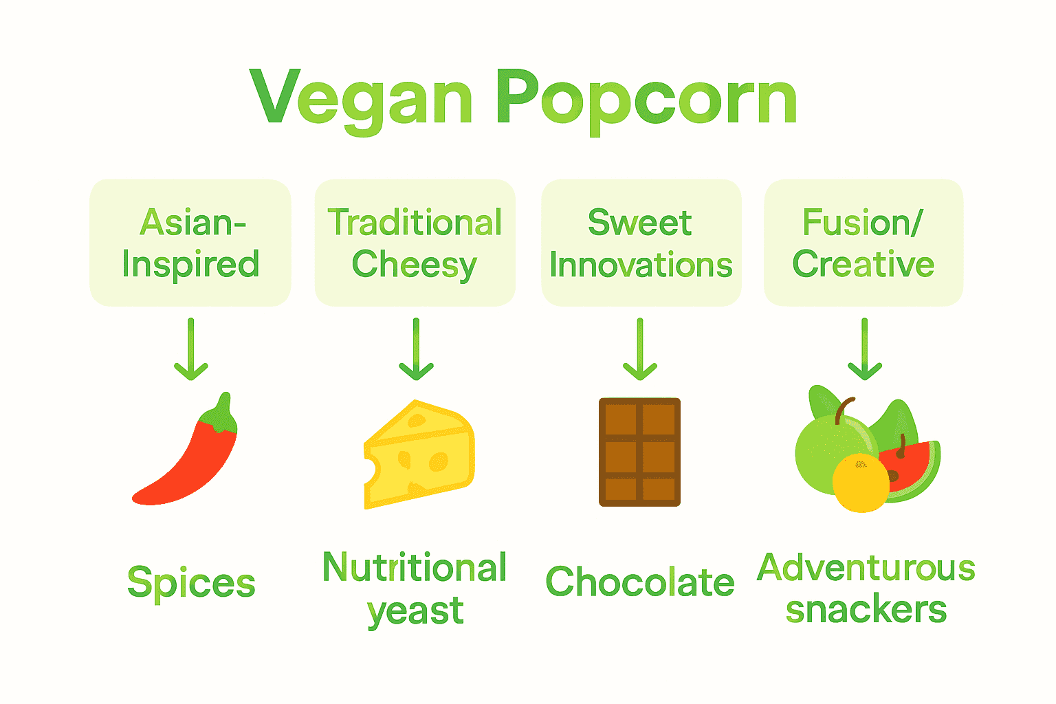 Comparison of vegan popcorn flavor inspirations by type, ingredients, and ideal snackers.