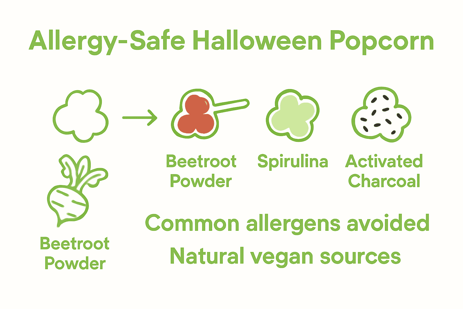 Infographic comparing three natural allergy-safe popcorn toppings for Halloween.