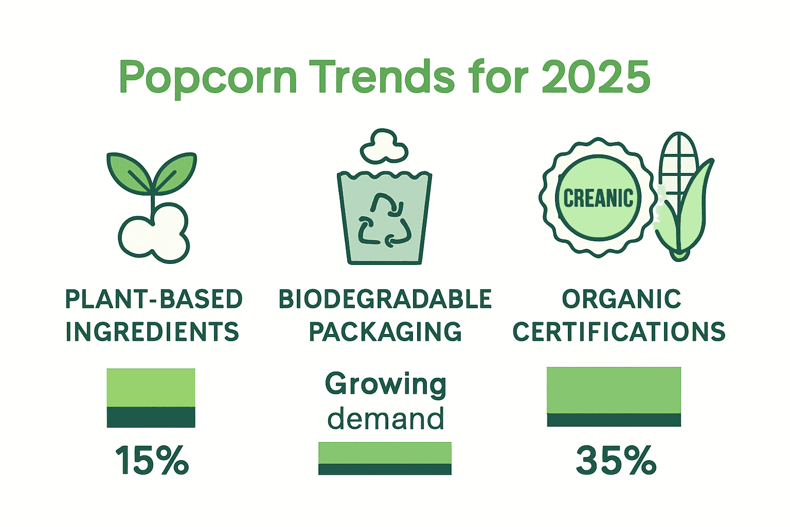 Infographic comparing plant-based, biodegradable, and organic popcorn trends for 2025.