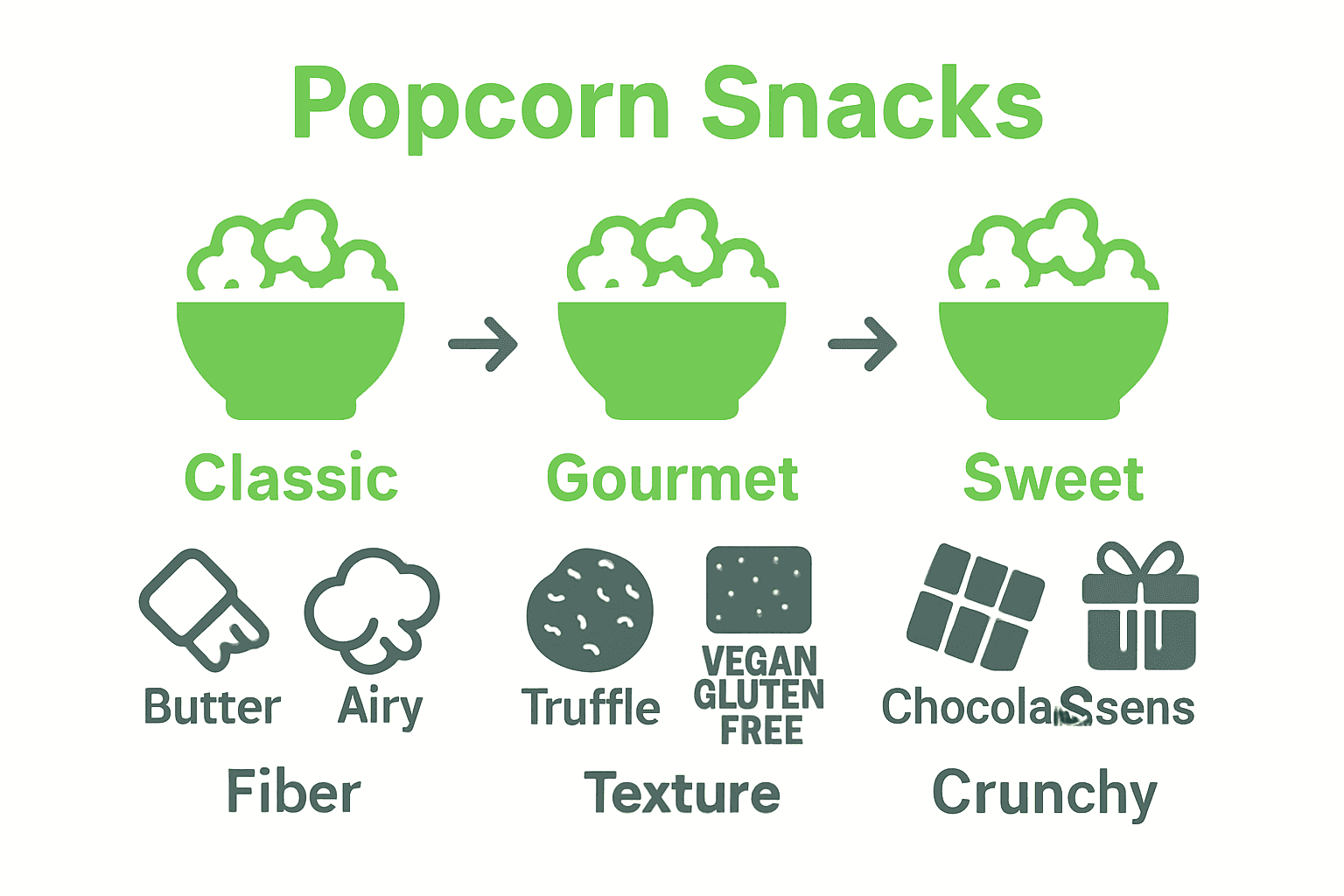 Infographic comparing classic, gourmet, and sweet popcorn snack types with icons and arrows showing their key differences.