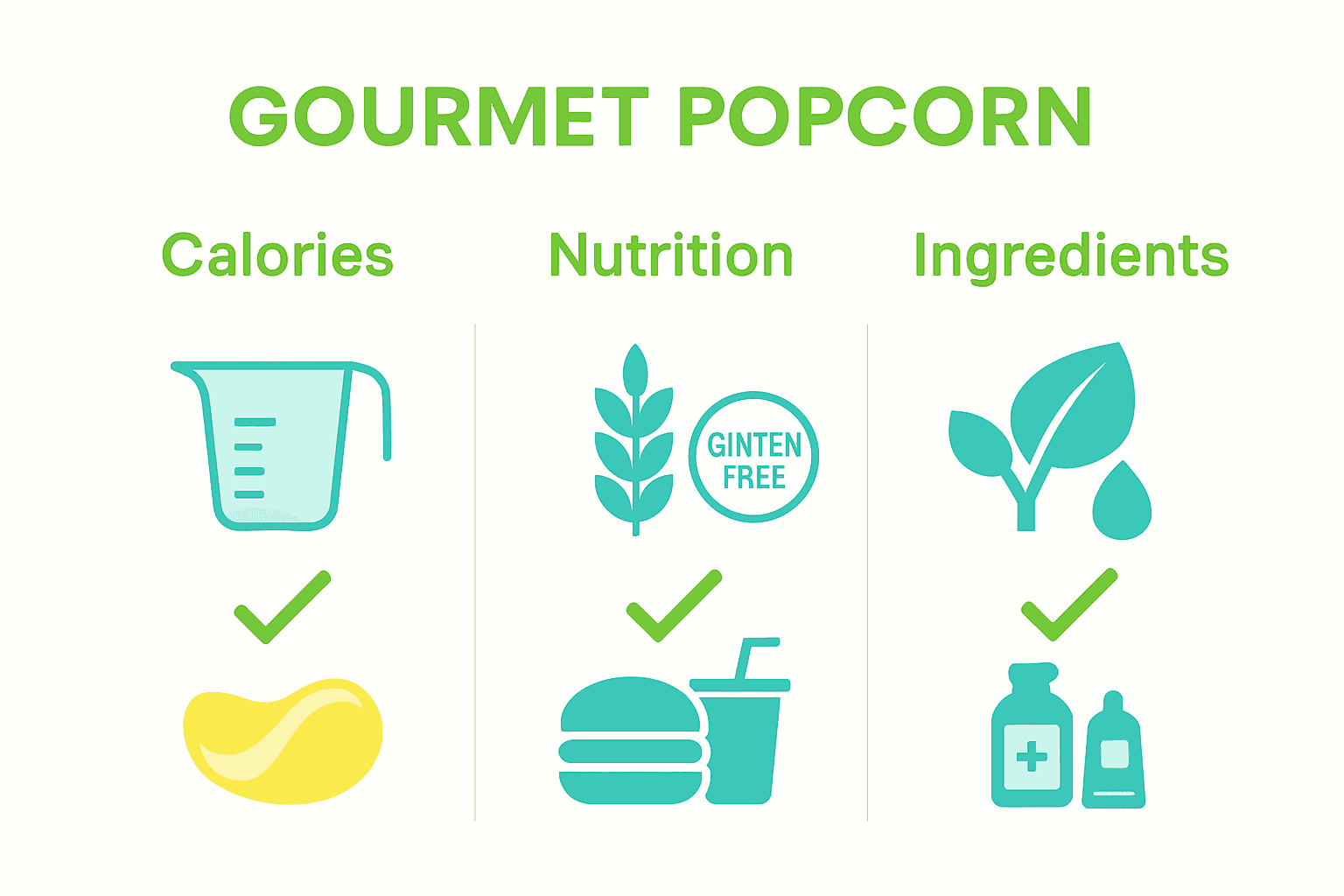Infographic comparing gourmet popcorn to traditional snacks using icons for calories, nutrition, and natural ingredients.