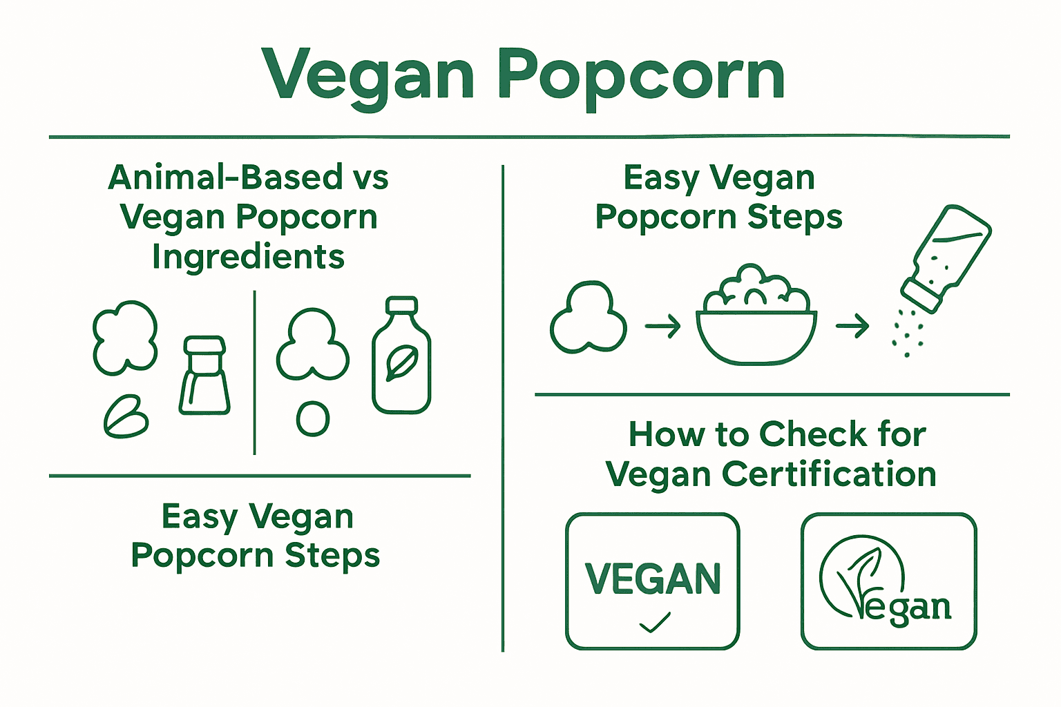 Infographic comparing vegan and non-vegan popcorn ingredients and certification steps