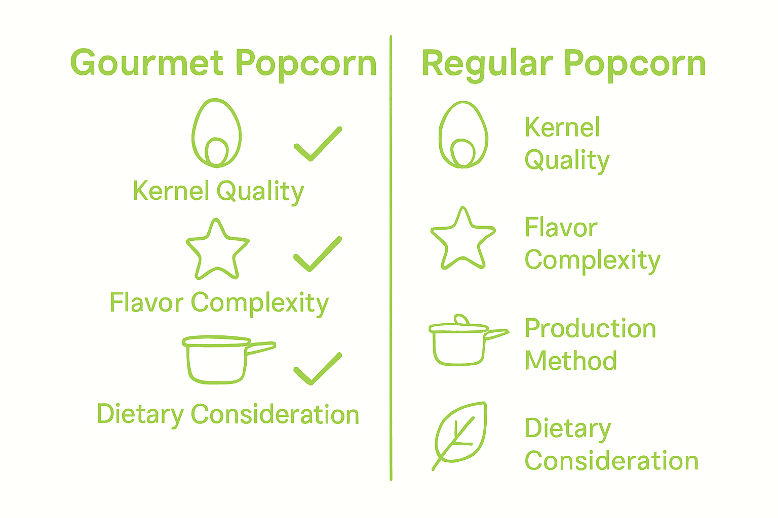 Infographic comparing gourmet popcorn to regular popcorn with icons and attributes.
