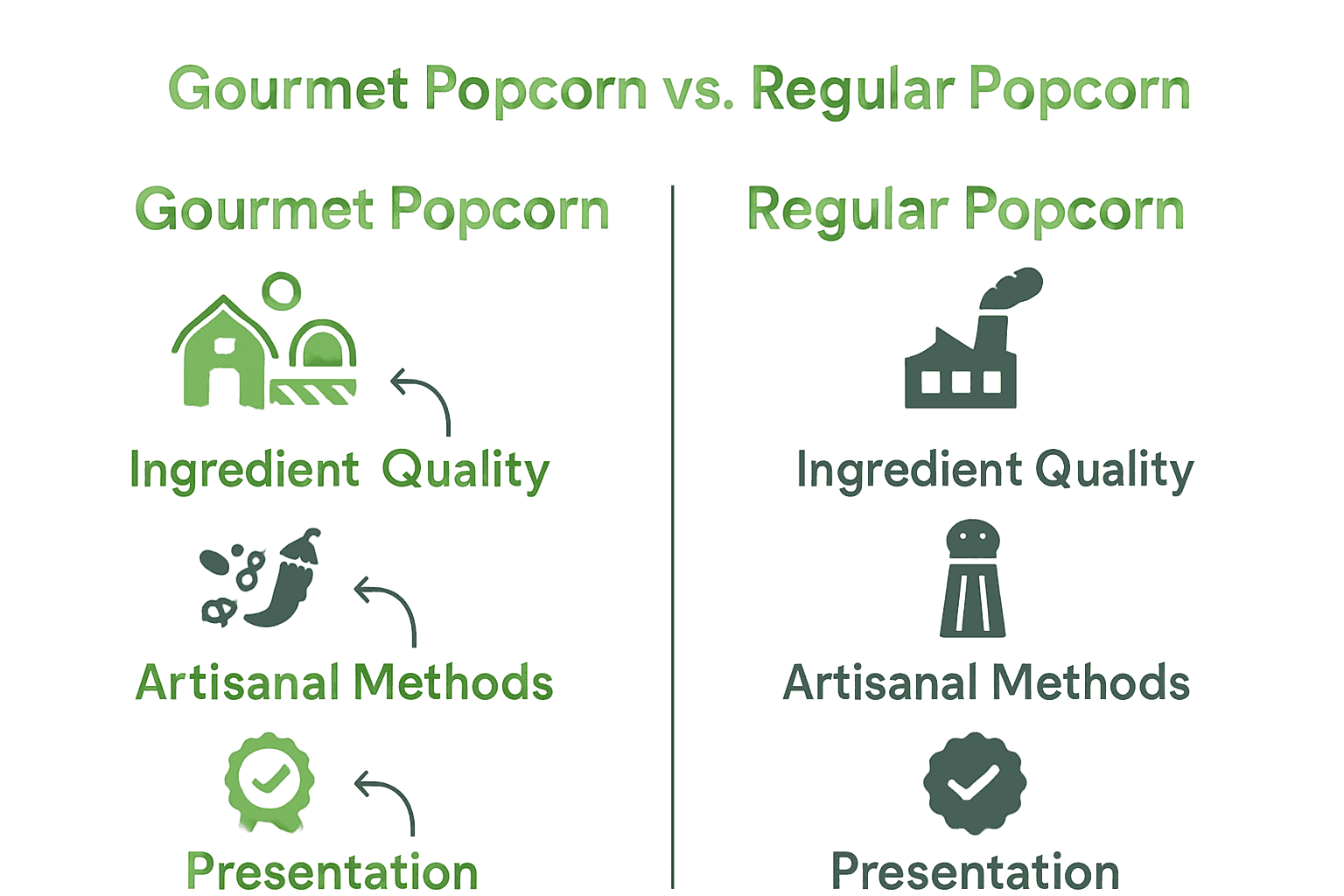 Infographic comparing gourmet popcorn and regular popcorn on key attributes.